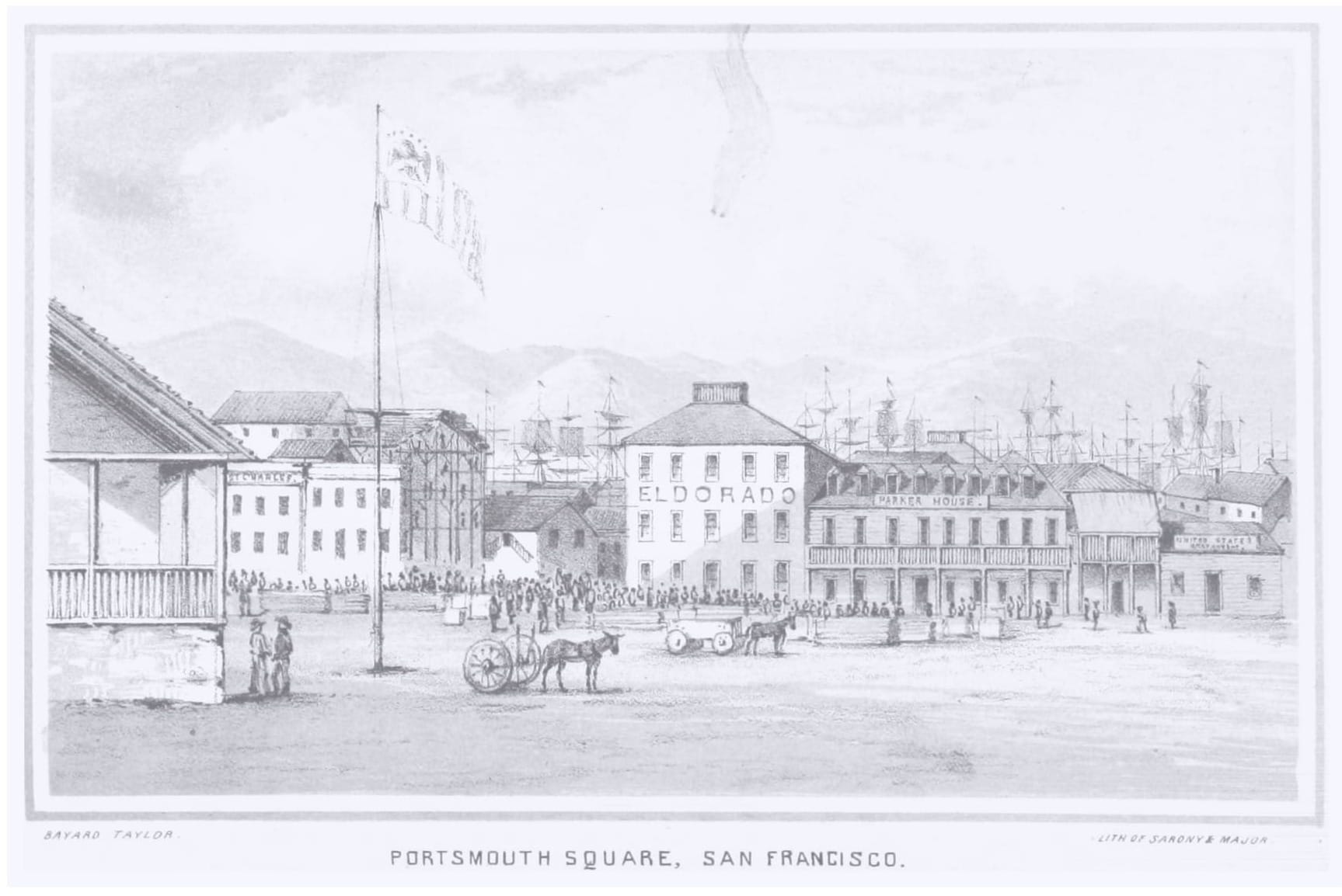 1850 view of Portsmouth Square, San Francisco, showing the El Dorado gambling saloon during the Gold Rush.